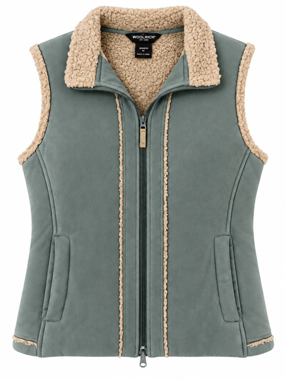 Woolrich Sage Green Vest with Cream Sherpa Trim